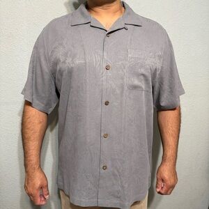 Tommy Bahama Men Gray Hawaiian 100% Silk‎ Button Down Collared Shirt Size XL